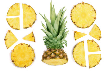 Sliced pineapple isolated on white background. Top view. Flat lay pattern