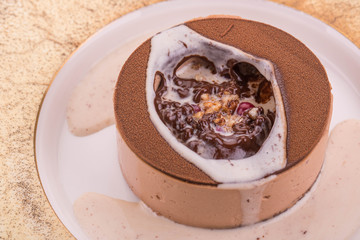 Popcorn from buckwheat, is served with buckwheat milk, cherry and sweet cherry