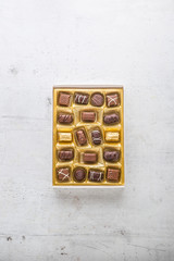 Chocolate pralines. Box of Chocolate Pralines with marzipan