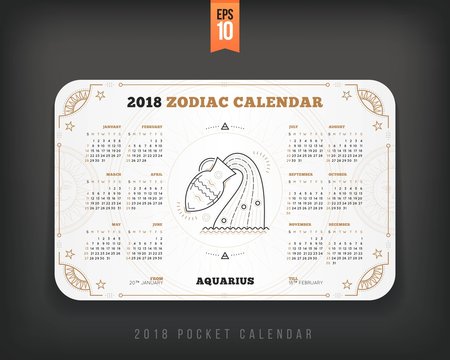 Aquarius 2018 year zodiac calendar pocket size horizontal layout White color design style vector concept illustration