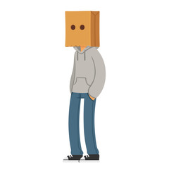 Character with paper bag hat on his head
