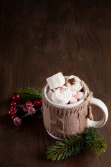 Hot chocolate drink with marshmallows for cold weather. Christmas and new year celebration concept with copy space