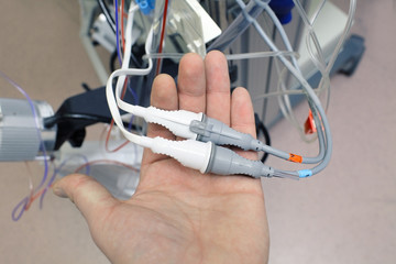 Sensor connectors on the background of modern laboratory equipment