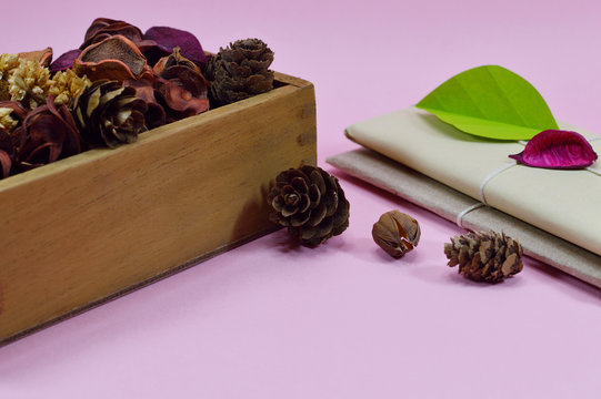 dried potpourri in wooden box and gifts