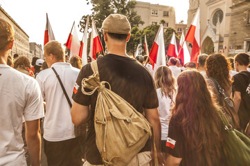 Polish people on patriotic manifestation in Warsaw, Poland.