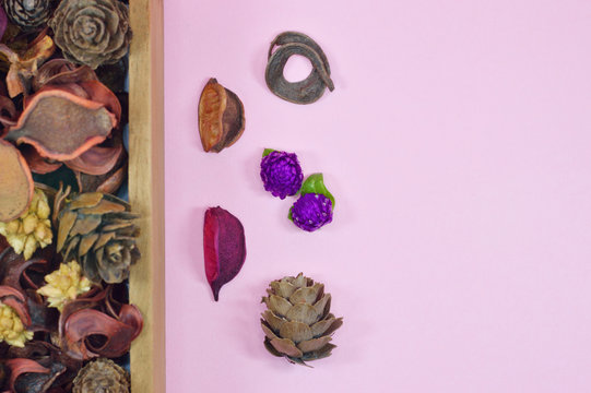 dried potpourri in wooden box and gifts.dried potpourri in wooden box and gifts.dried potpourri in wooden box top view