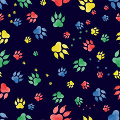 Seamless pattern of dog paw marks. Colorful traces of paws, made in watercolor, on a black background. Vektor