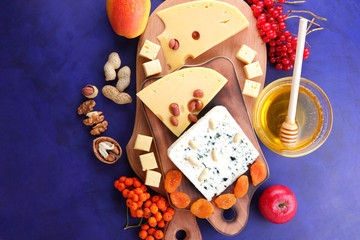 Various cheeses, apple, dried apricots, peanuts, walnuts, pears, berries, honey, jam, cheese with a mold on a wooden board in the style of pop art and retro style, Christmas cheese, festive dinner