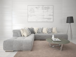 Mock up the living room with a fashionable comfortable sofa on a light background.
