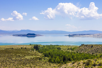 Mono Lake, a large, shallow saline soda lake in Mono County, California, with tufa rock formations
