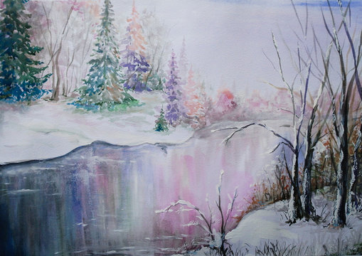 The art. Winter oil paintings landscape, watercolor, fine art