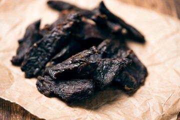 Smoked beef jerky on on a table