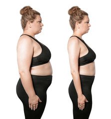 Overweight young woman on grey background. Weight loss concept