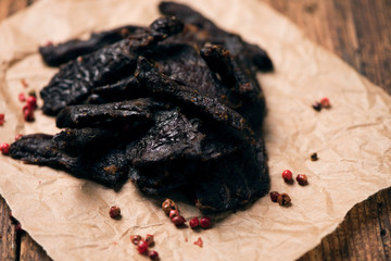 Smoked beef jerky on on a table