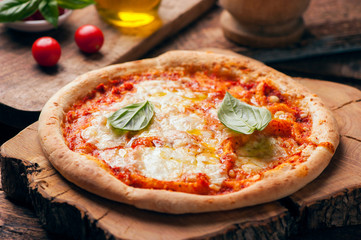 Margherita Italian Pizza on wooden table