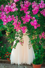 Bride's dress hanging on a tree with flowers.