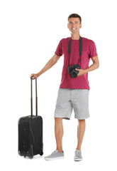 Attractive male tourist on white background