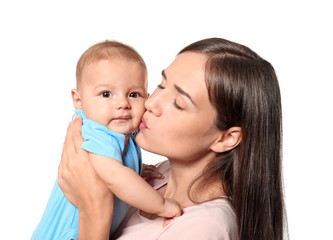 Happy young woman with cute baby on white background