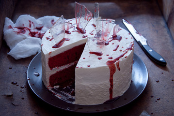 Red velvet cake decorated for Halloween, Bleeding Cake