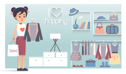 Girl buys clothes on shopping
