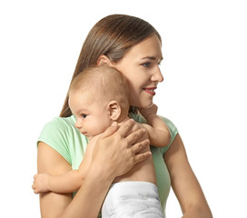 Happy young woman with cute baby on white background