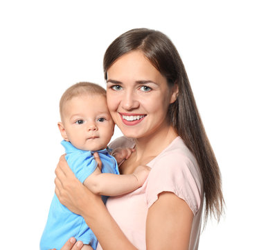 Happy young woman with cute baby on white background