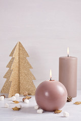Candles for cold weather. Christmas celebration or cold winter concept with copy space