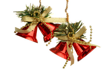 Red Christmas Tree Ornament, bells, decorations. Isolated white background.