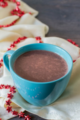 Hot chocolate wooden table.Christmas cozy home concept