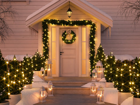 christmas decorated porch with little trees and lanterns. 3d rendering