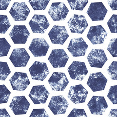 Acrylic seamless pattern with abstract hexagon. Blue elements with acrylic texture on white background. Hand drawn seamless pattern isolated on white background.