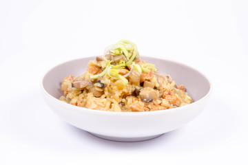Risotto with mushrooms and chicken decorated with leek on a white background
