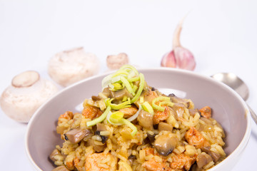 Risotto with mushrooms and chicken decorated with leek on a white background with some mushroom and garlic