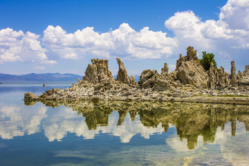 Mono Lake, a large, shallow saline soda lake in Mono County, California, with tufa rock formations