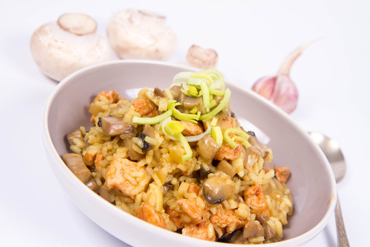 Risotto with mushrooms and chicken decorated with leek on a white background with some mushroom and garlic