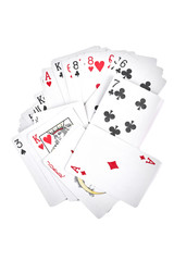 Playing cards isolated on white background. Stack of playing cards on white background, top view.