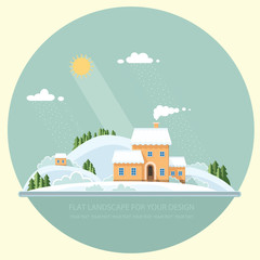 Winter landscape mountains snow-capped hills. flat vector illustration