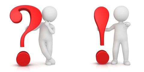 question mark exclamation mark point red 3d sign symbol icon with thinking and pointing stick man figure isolated on white background
