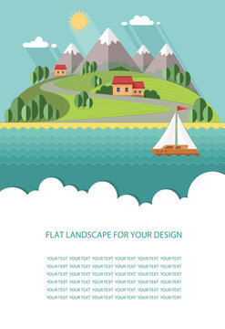 Blank for text. Spring, summer landscape. Little city street with small houses and trees. Flat vector Infographics design