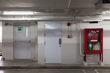 Cabinets and Exit doorway in building