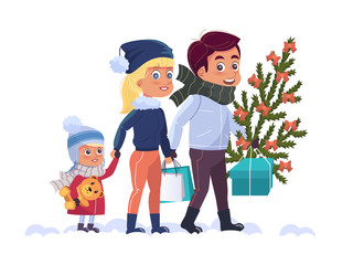 Happy family with Christmas tree and gifts