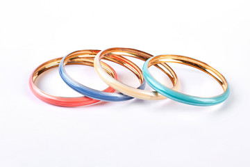 Four fashion color bracelets. Set of female modern bracelets isolated on white background. Woman fashion accessories.