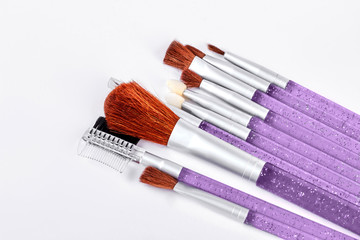 Brush set for make up, white background. Collection of essential professional make up brushes of purple color, isolated on white background.