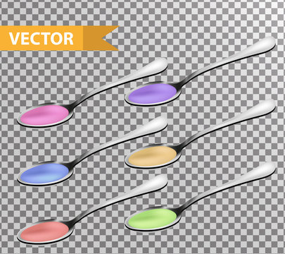 Realistic Metallic teaspoon with liquid, syrup set. 3d tablespoon collection. Isolated on a transparent background. Vector illustration