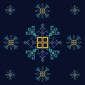 Dark blue and yellow ethnic design with traditional tribal motifs of crooked lines, triangles, squares, circles. Mayan symbol ethnic geometric pattern decor. Embroidery style winter clothes ornament.