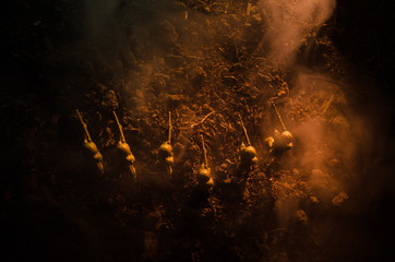 War Concept. Military silhouettes fighting scene on war fog sky background, World War Soldiers...