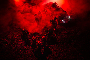 Anti-riot police give signal to be ready. Government power concept. Police in action. Smoke on a...