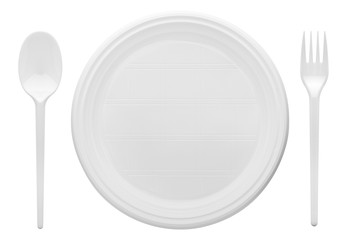 Disposable white plastic plate, spoon, fork, clipping path, isolated on white background