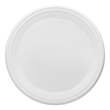Disposable white plastic plate, clipping path, isolated on white background