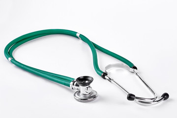 Green stethoscope on white background. New maedical stethoscope isolated on white background.